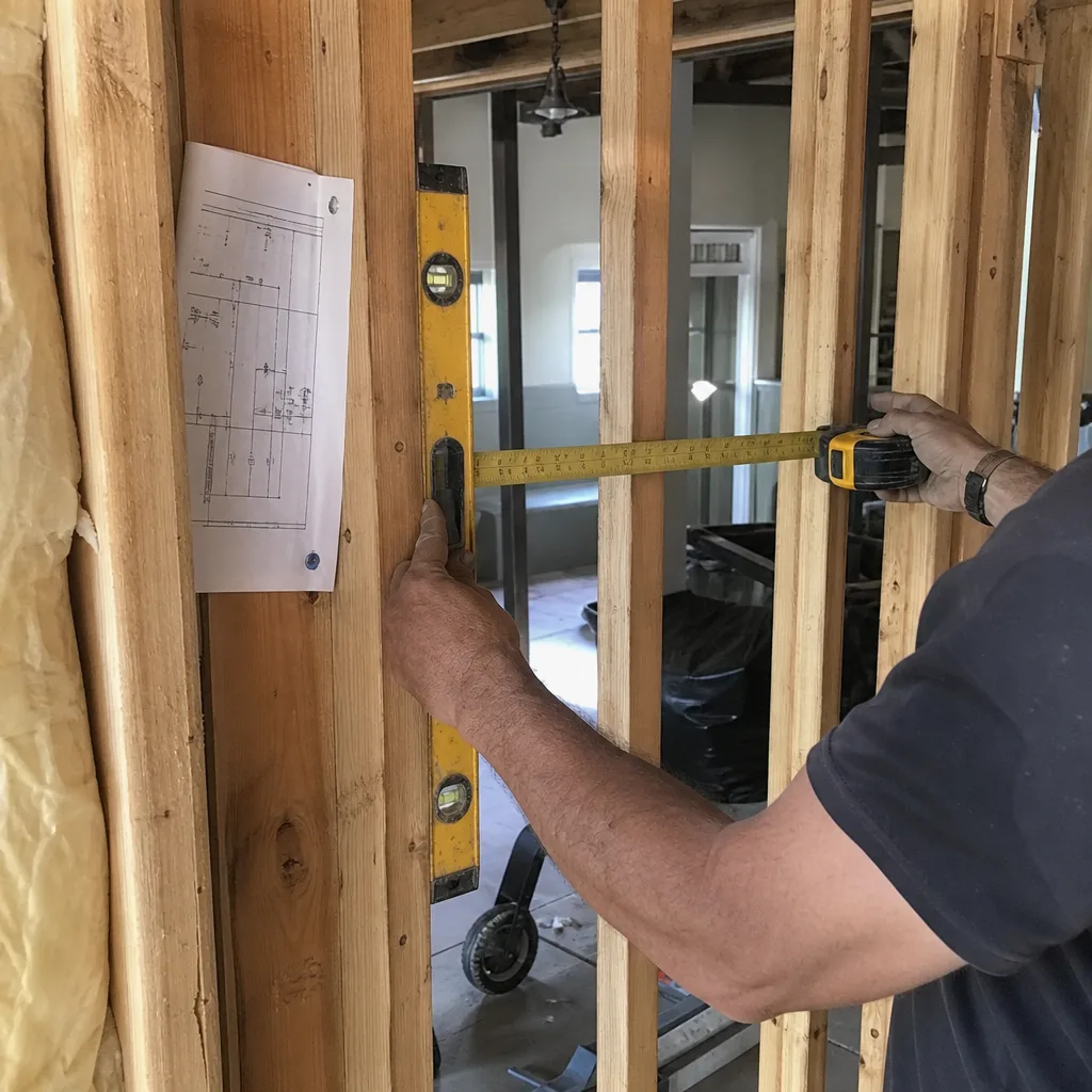 Contractor measuring wooden wall studs with a level and tape measure
