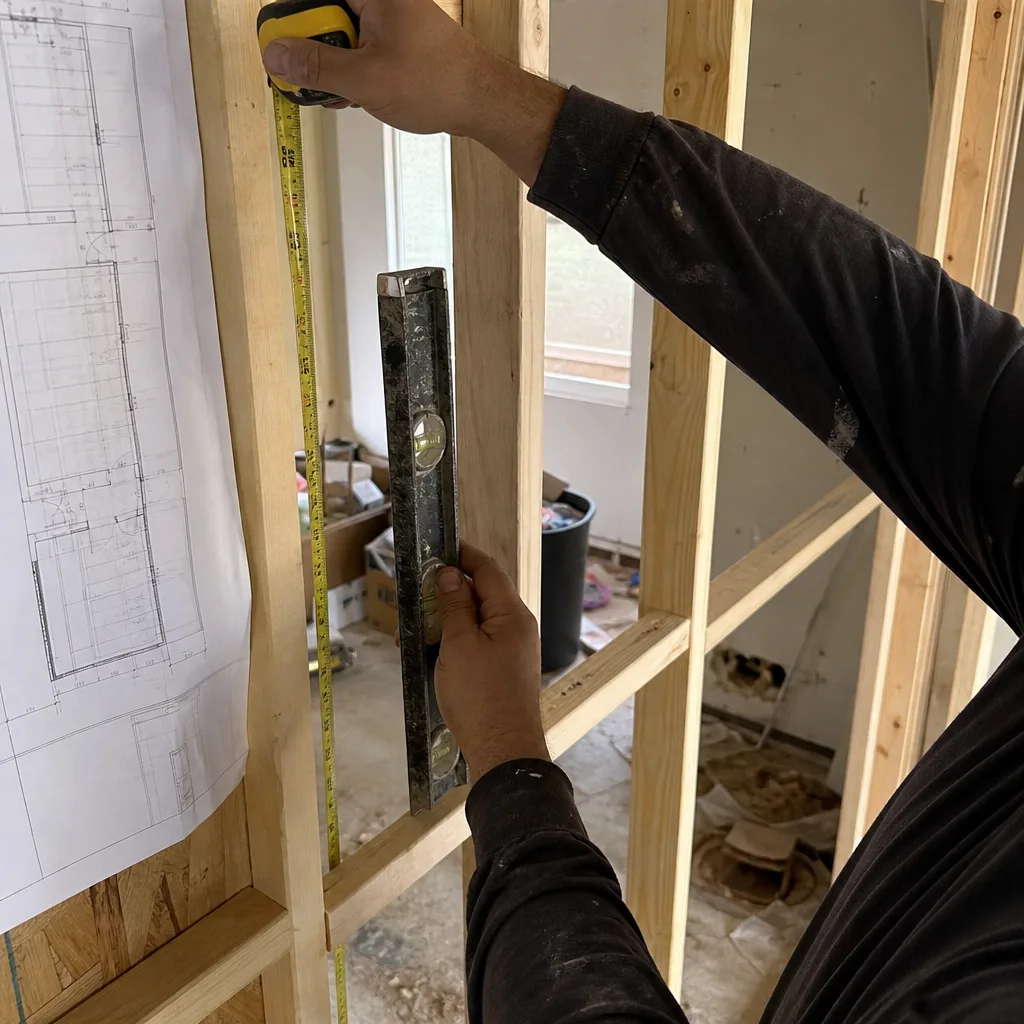 General contractor measuring and leveling wall framing for construction project