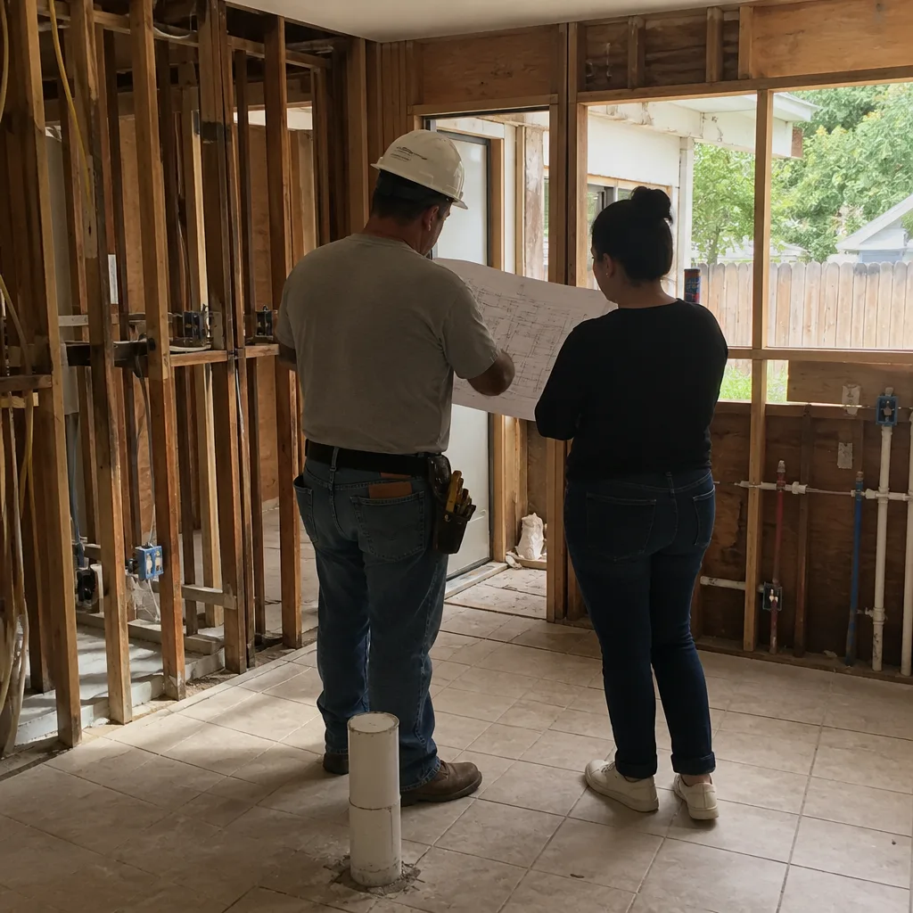 General contractor and client reviewing blueprints on a home renovation project
