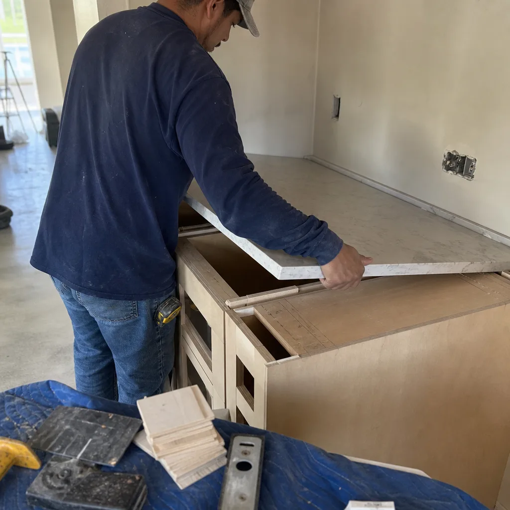 Professional contractor installing a marble kitchen countertop on custom cabinetry