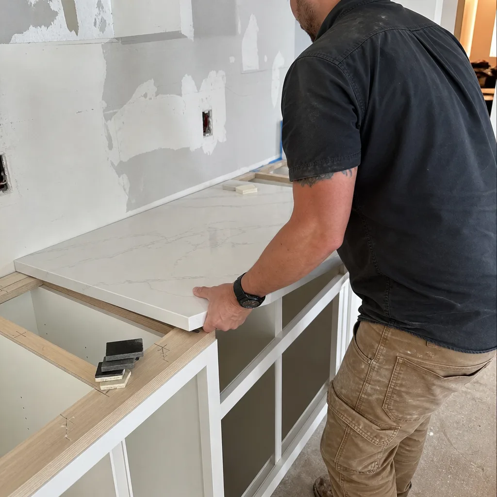 Contractor installing a white marble countertop during a kitchen remodeling project.