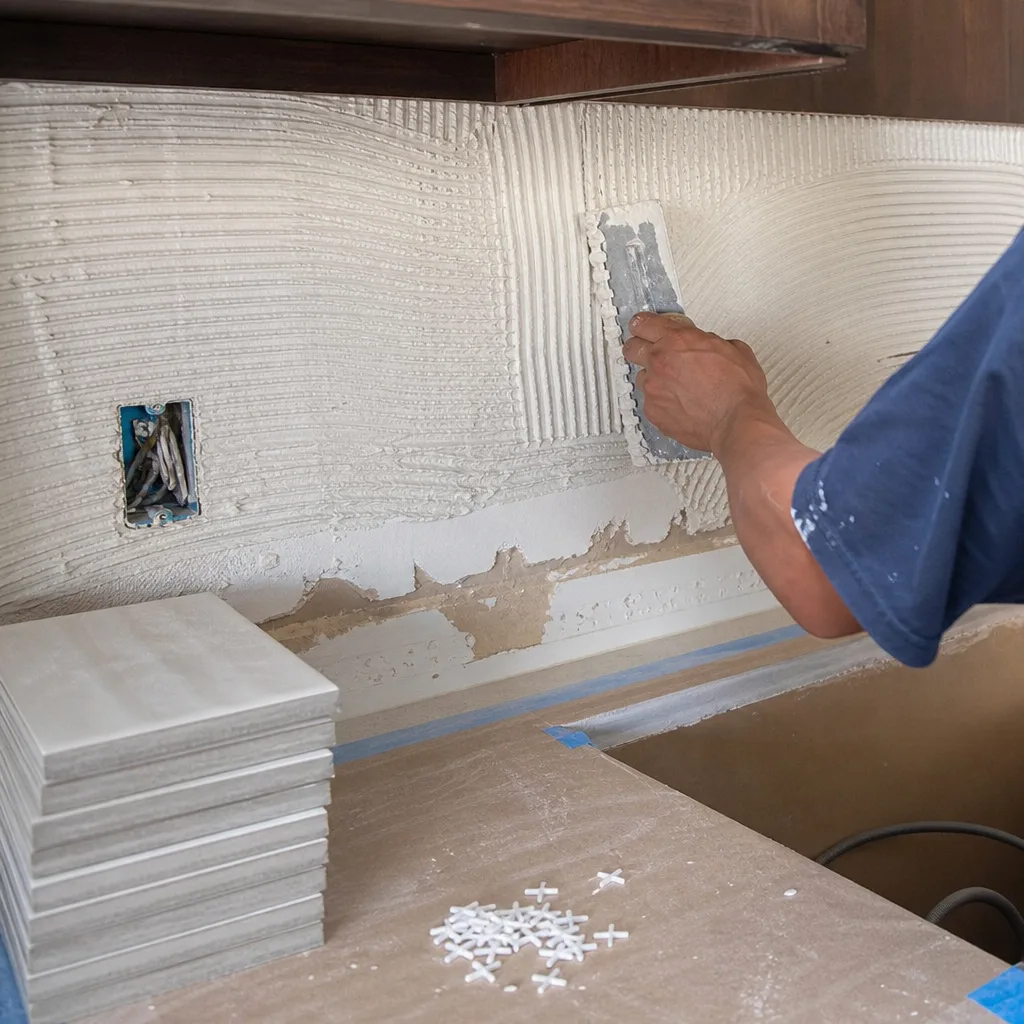 Contractor applying mortar for kitchen backsplash tile installation