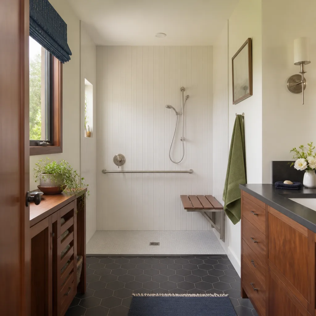 A low-threshold walk-in shower with a bench and grab bar