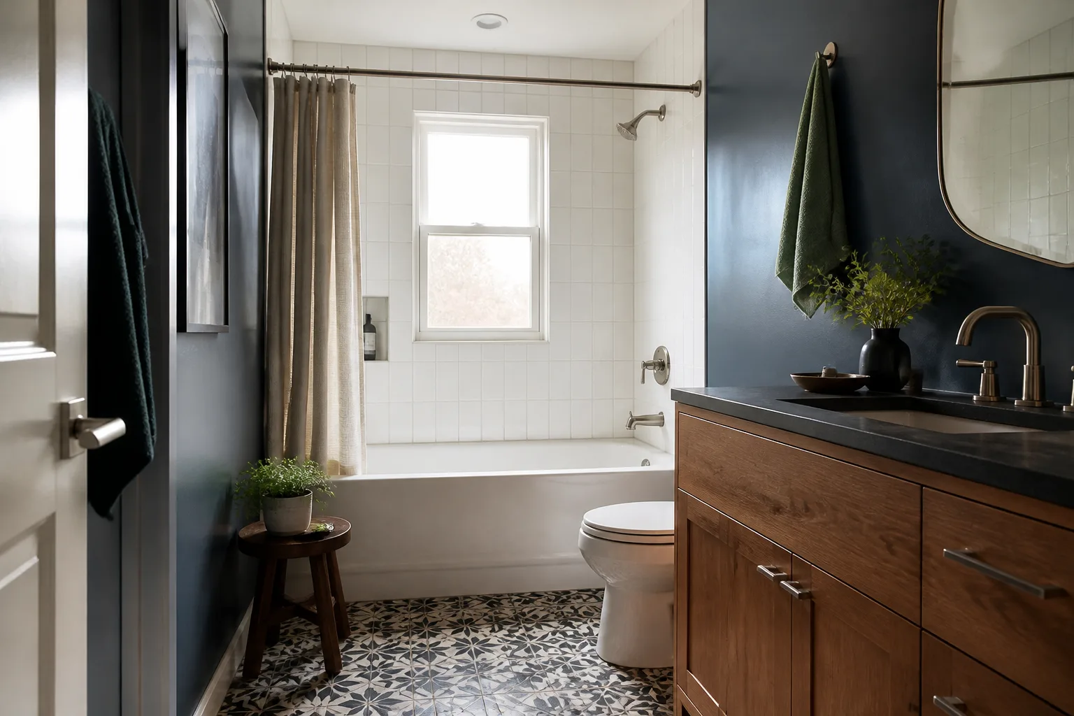 A remodeled hall bathroom with patterned floor tile and painted walls