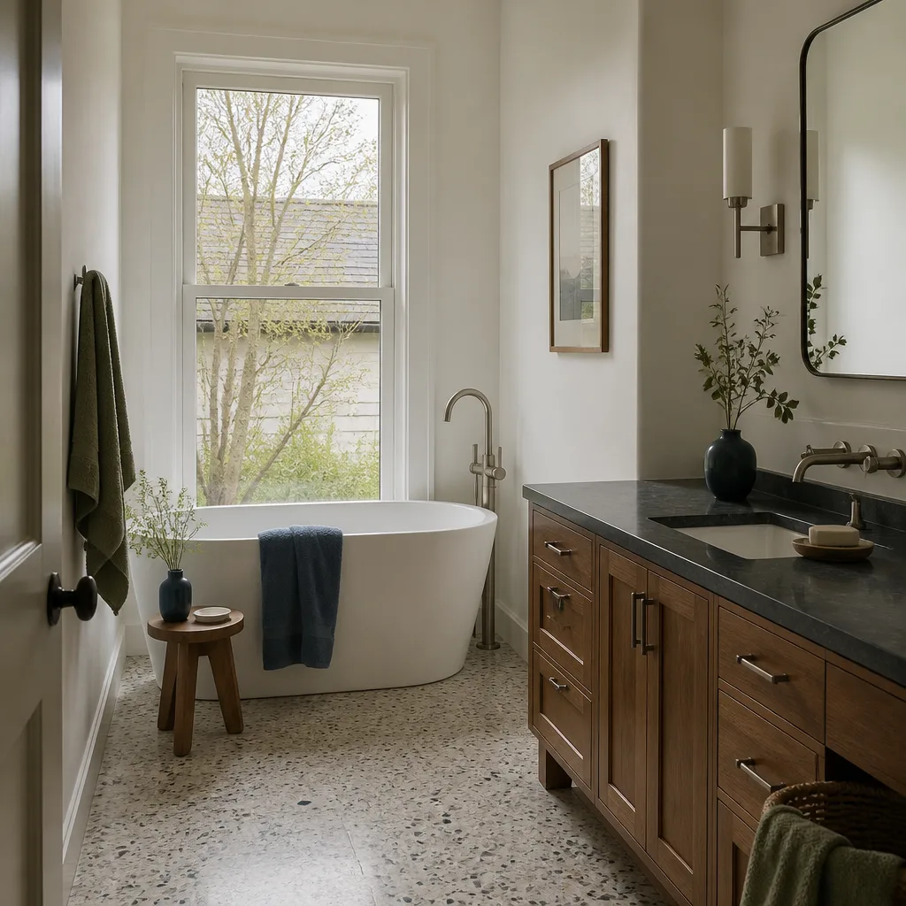 A freestanding soaking tub in a remodeled primary bathroom