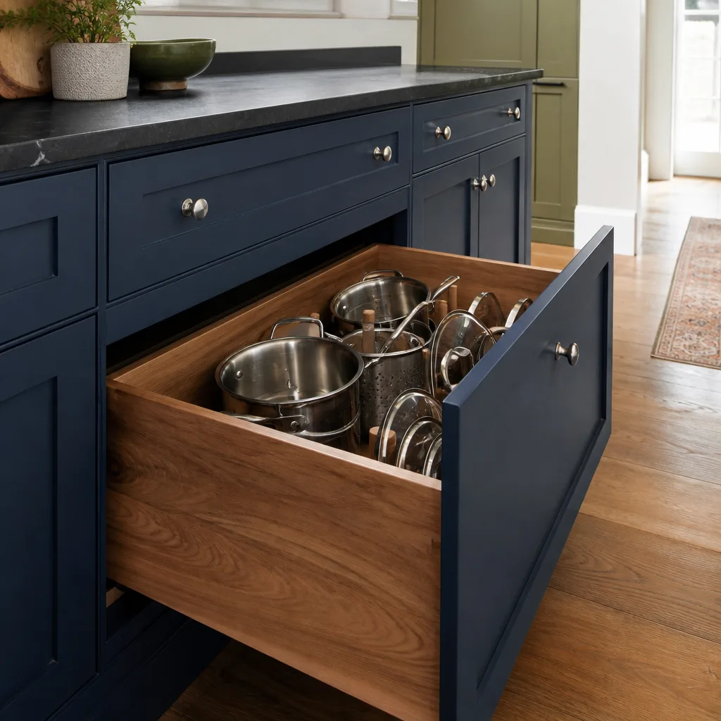 New painted shaker cabinets with an organized deep drawer