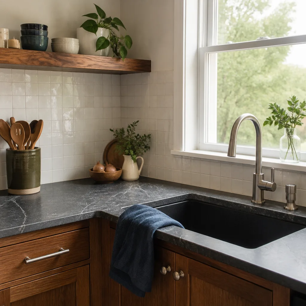 A stone counter, tile backsplash and open shelf after a kitchen remodel