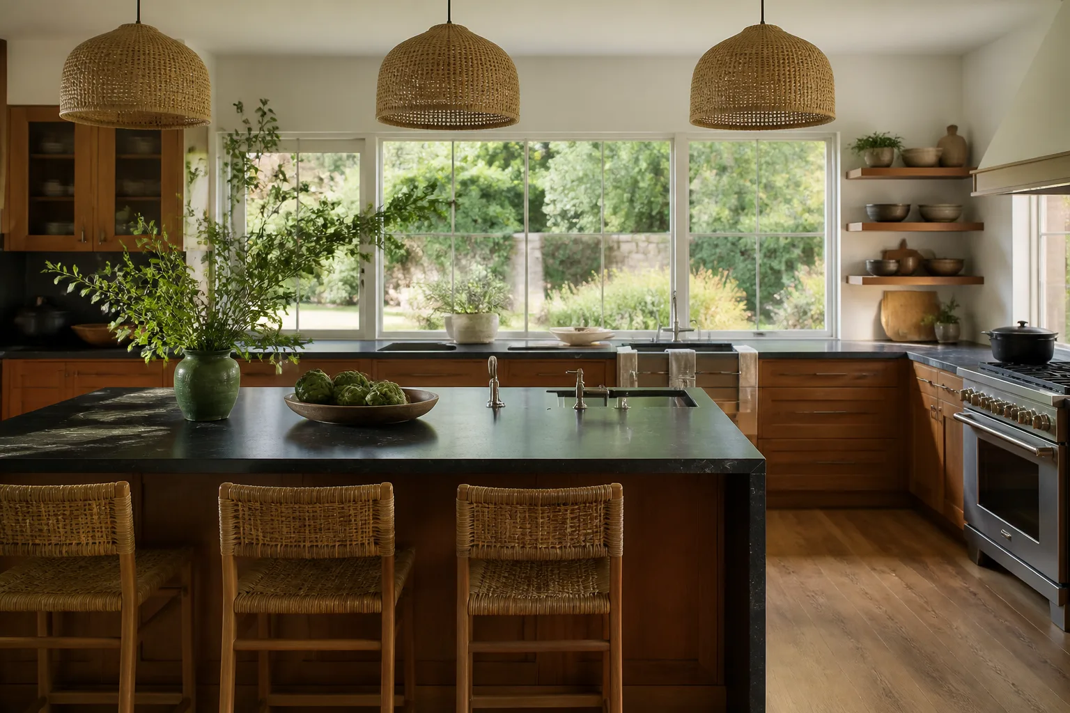 A remodeled kitchen with a waterfall island and wood cabinets