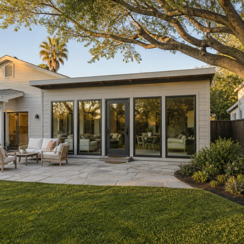 A single-story rear room addition with tall windows and a new patio