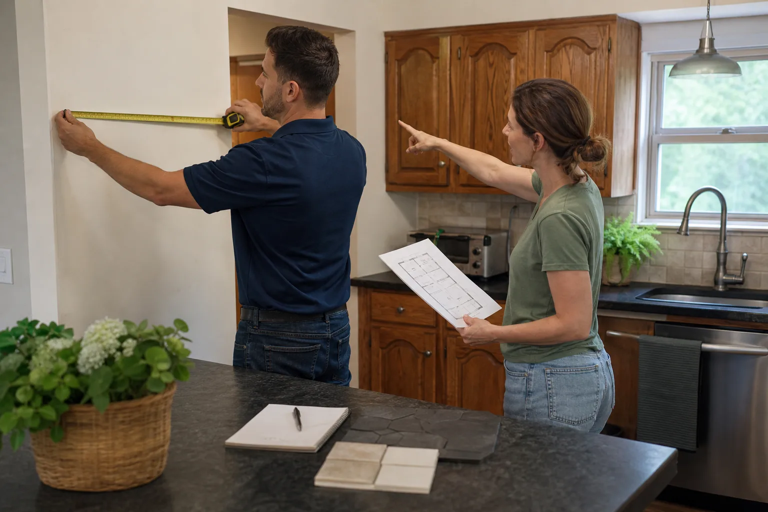 A project lead measuring a kitchen with the homeowner during a free estimate
